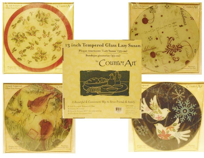 13" Tempered Glass CHRISTMAS LAZY SUSAN *Holly, Holiday Cheer, Cardinals, Doves