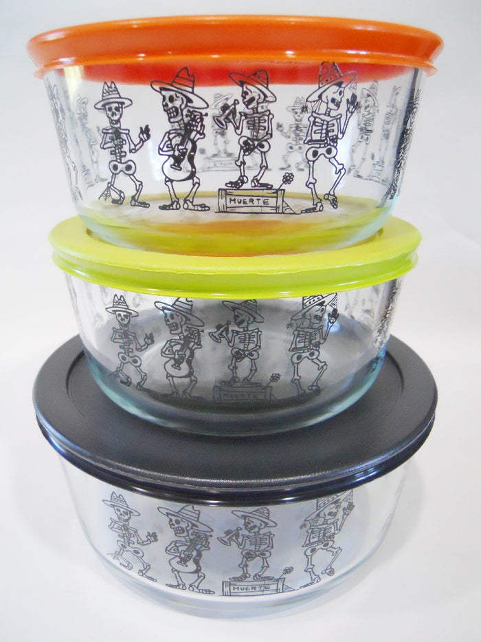 6-pc Pyrex MARIACHI BAND Storage Bowls Halloween BLACK Day of the Dead Skeletons