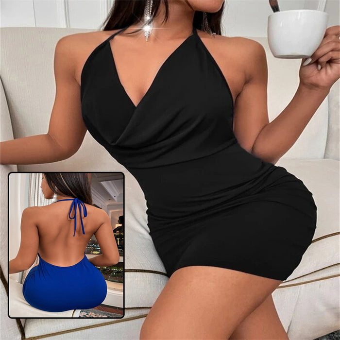 Woman wearing a black halter neck dress holding a white mug, with a close-up inset showing a blue dress.