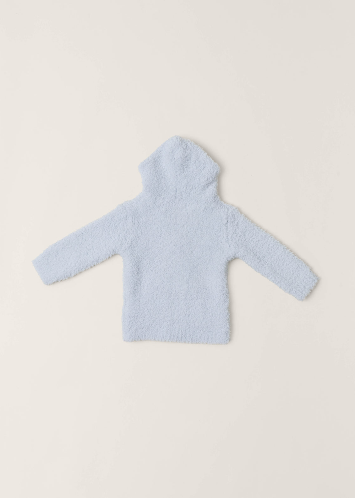 Back of a blue baby hoodie on a grey background