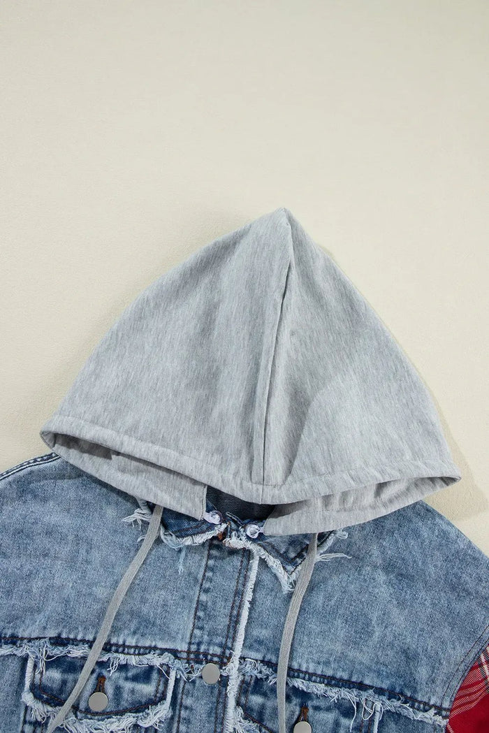 Beau Blue Plaid Print Patchwork Hooded Raw Hem Denim Jacket - Outerwear/Denim jackets