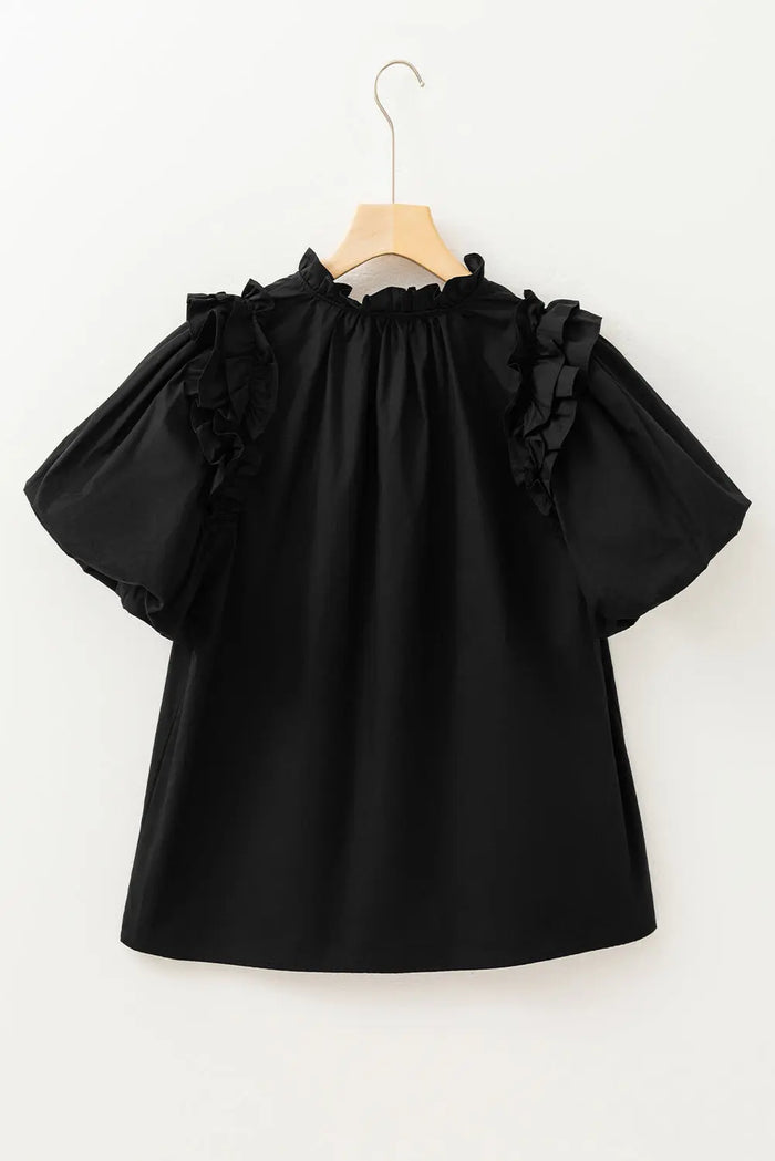 Black Ruffled Puff Short Sleeve Loose Blouse - Tops/Blouses & Shirts