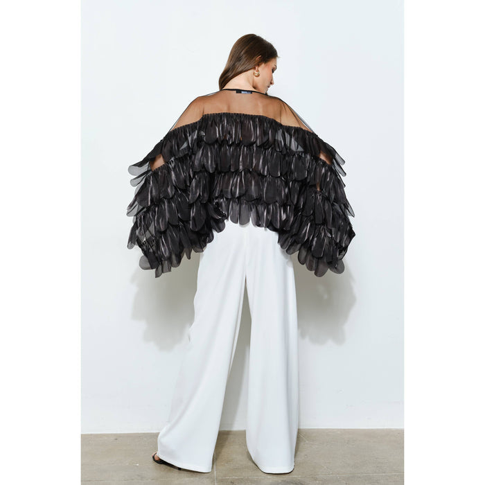 Style the Black Shimmer Organza Scallop Ruffle Layered Blouse exclusively at Born To Glam