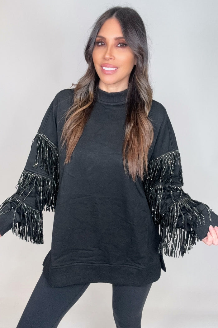 Style the Black Studded Fringe Sleeve Top exclusively at Born To Glam