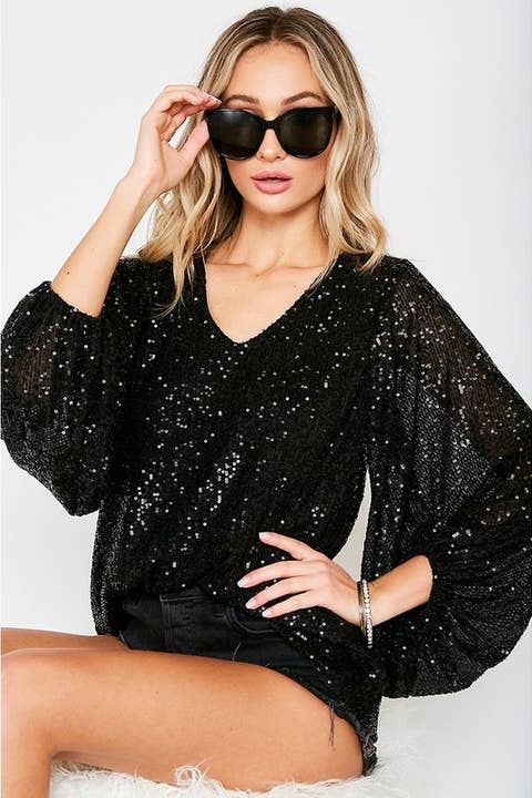 Style the Black V-Neck Balloon Sleeves Sequin Blouse Top exclusively at Born To Glam