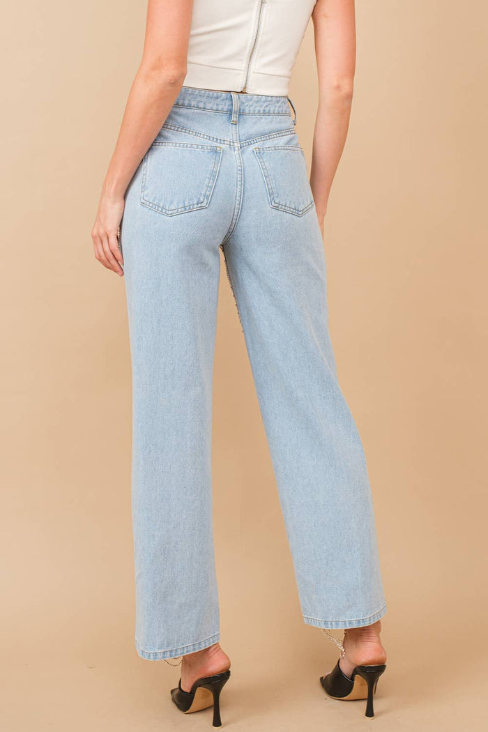 Style the Blue B Cut Out Open Leg Rhinestone Chain Denim Jeans exclusively at Born To Glam