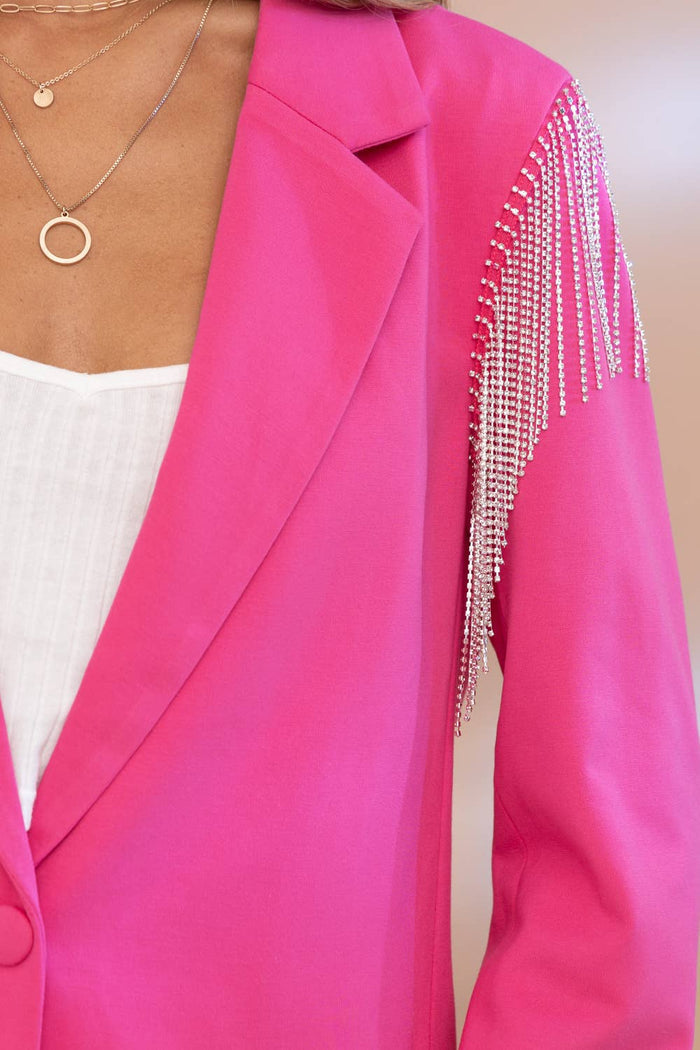 Style the Blue B Hot Pink Boyfriend Rhinestone Shoulder Blazer exclusively at Born To Glam