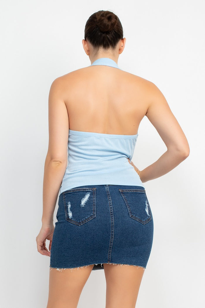 Blue Collared Halter Open Back Top