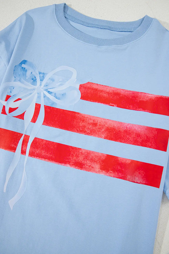 Blue Flag Bow Graphic Crewneck Tee - Tops/Tops & Tees