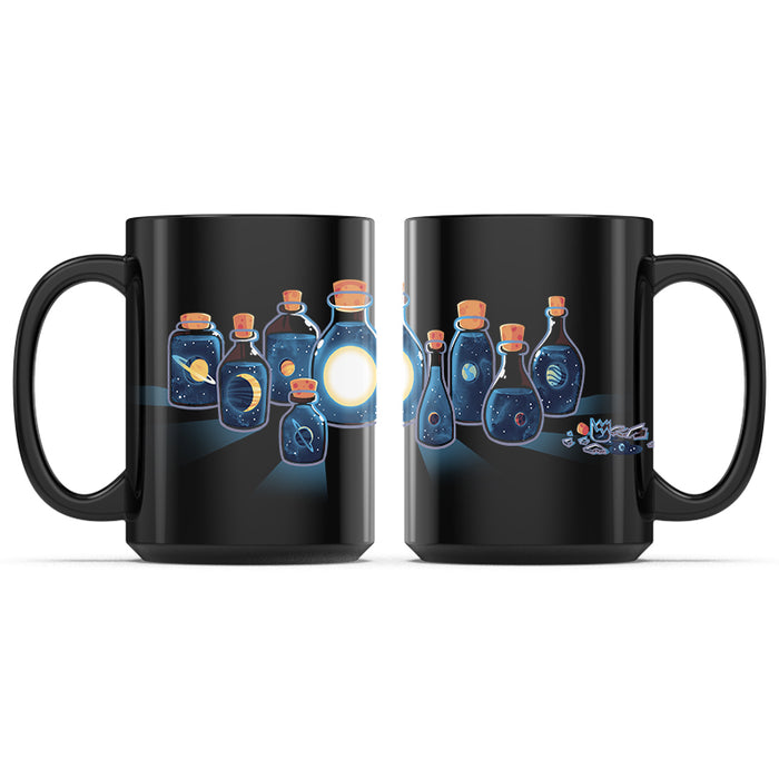 Ceramic Mug_TeeTurtle Bottled Solar System black mug featuring the solar system in various potion bottles.