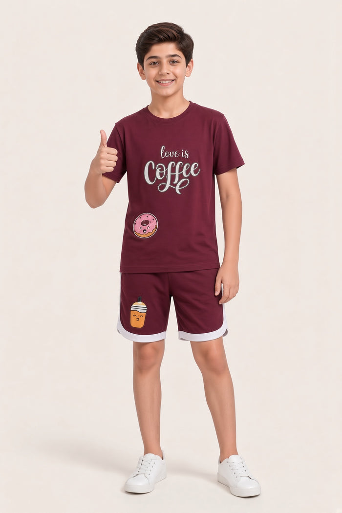 Boys Premium Maroon Printed Single Jersey Cotton T-Shirt & Shorts Set (Coffee)