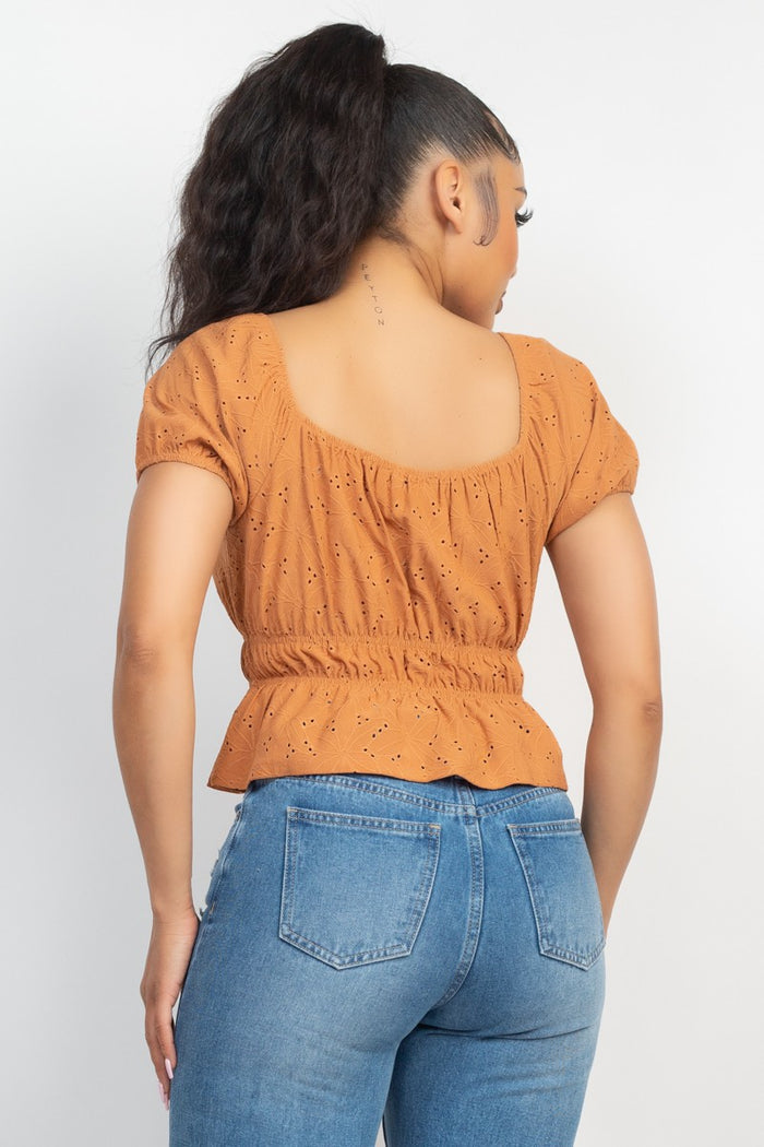 Brown Puff Sleeve Eyelet Peplum Top