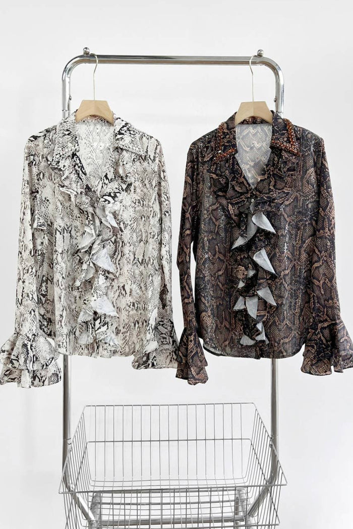 Style the Caramel Snake Print Ruffle Blouse exclusively at Born To Glam