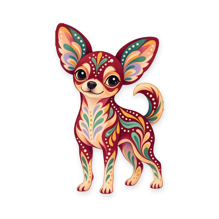 Chihuahua folk art ornament O454 on white, laser-cut maple wood, made in USA