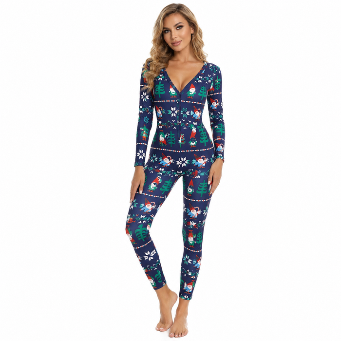 Navy blue festive jumpsuit for women with painted Christmas details, fitted pants and regular sleeves for holiday outfit look