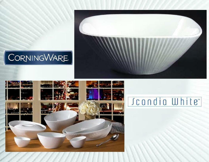 Corning PORCELAIN SCANDIA Ribbed ULTRA White 10" SQUARE 2Qt SERVING BOWL