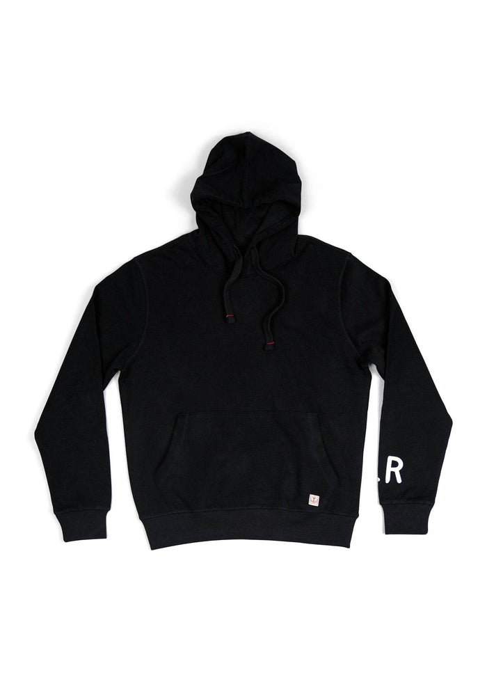 Black hoodie with front pocket and drawstring hood. "R" on sleeve. Simple design, casual wear.