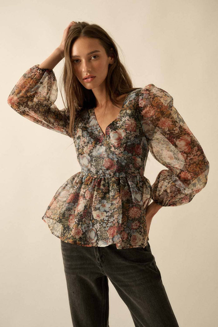 Style the Floral-Print Organza Puff-Sleeve Peplum Top exclusively at Born To Glam