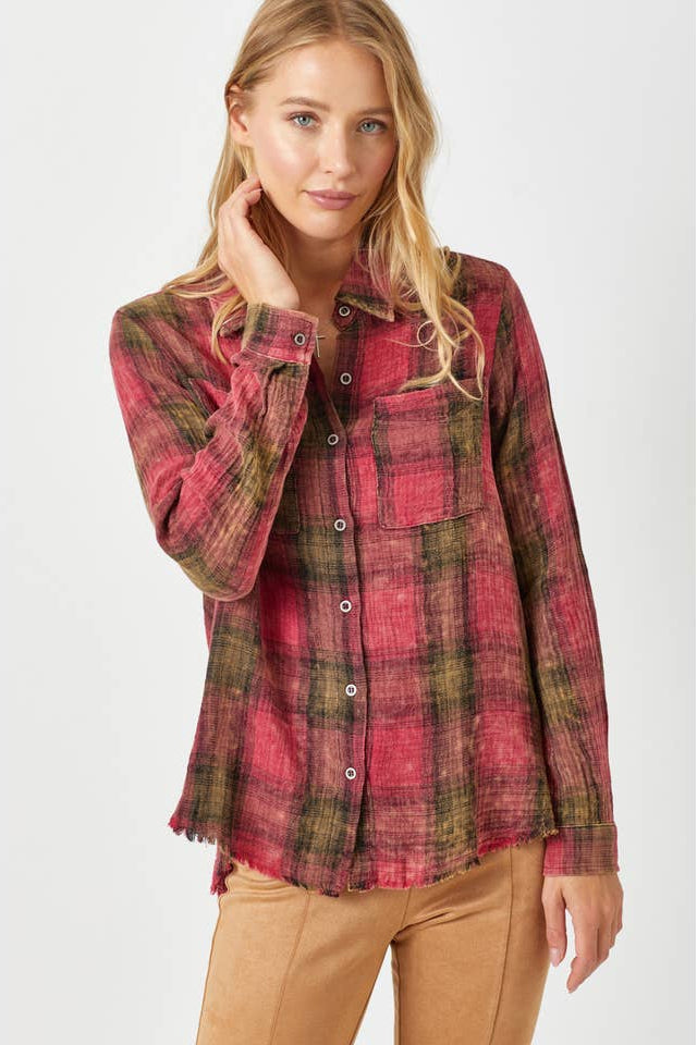 Style the Fringe Bottom Washed Plaid Shirt exclusively at Born To Glam
