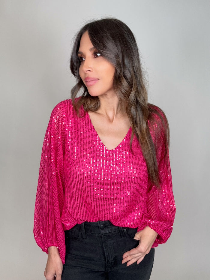 Style the Fuchsia V-Neck Balloon Sleeves Sequin Blouse Top exclusively at Born To Glam