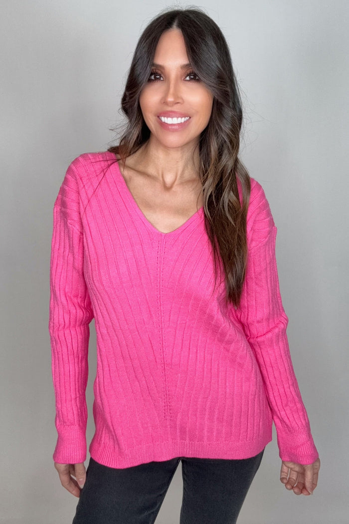 Style the Fuchsia V-Neck Drop Shoulder Ribbed Knitted Sweater exclusively at Born To Glam