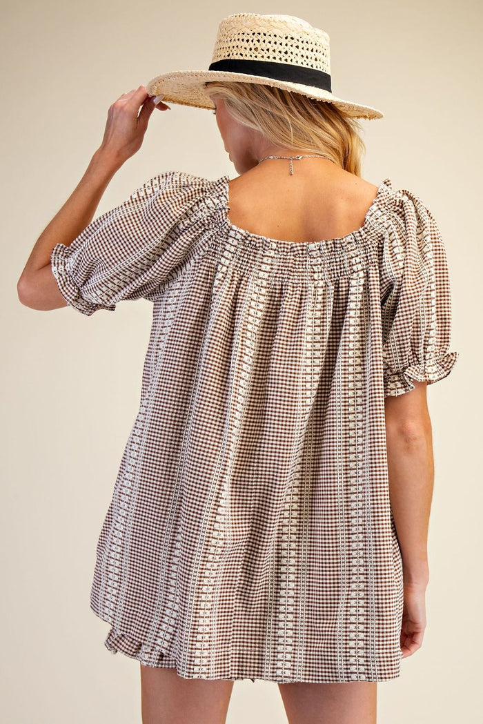GINGHAM TUNIC & SHORTS SET, MOCHA