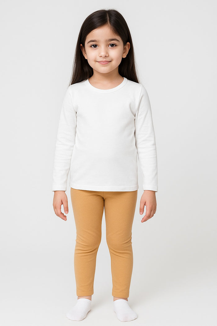 Girls’ Cozy Winter Wear – Interlock Fabric Shirt with Cotton Lycra Legging (White top and Beige legging)