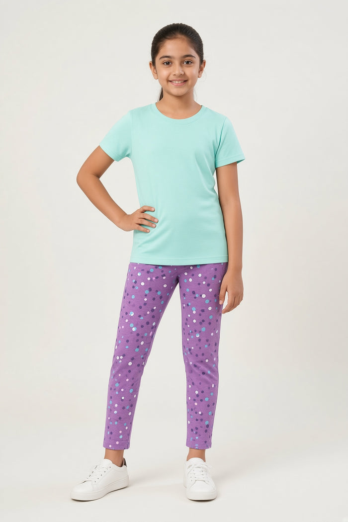 Girls’ Mint Green T-Shirt & Purple Heart Printed Trouser Set - Hinz Clothing