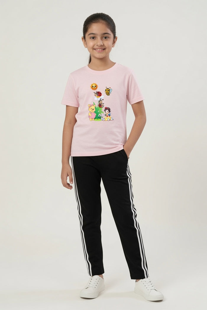 Girls Pink Cartoon Printed T-Shirt & Black Striped Trouser Set