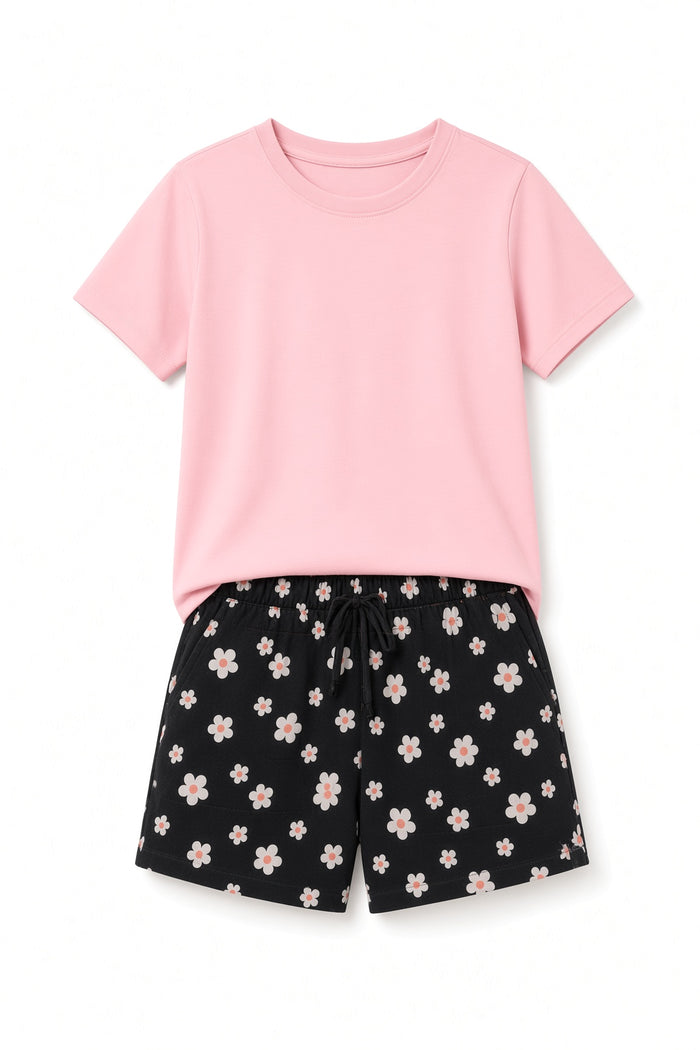 Girls Pink T-Shirt & Black Floral Printed Shorts Set - Hinz Clothing