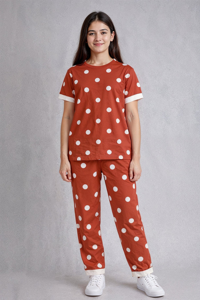 Girls Polka Dot Cotton Lounge Wear Set – Rust & White - Hinz Clothing