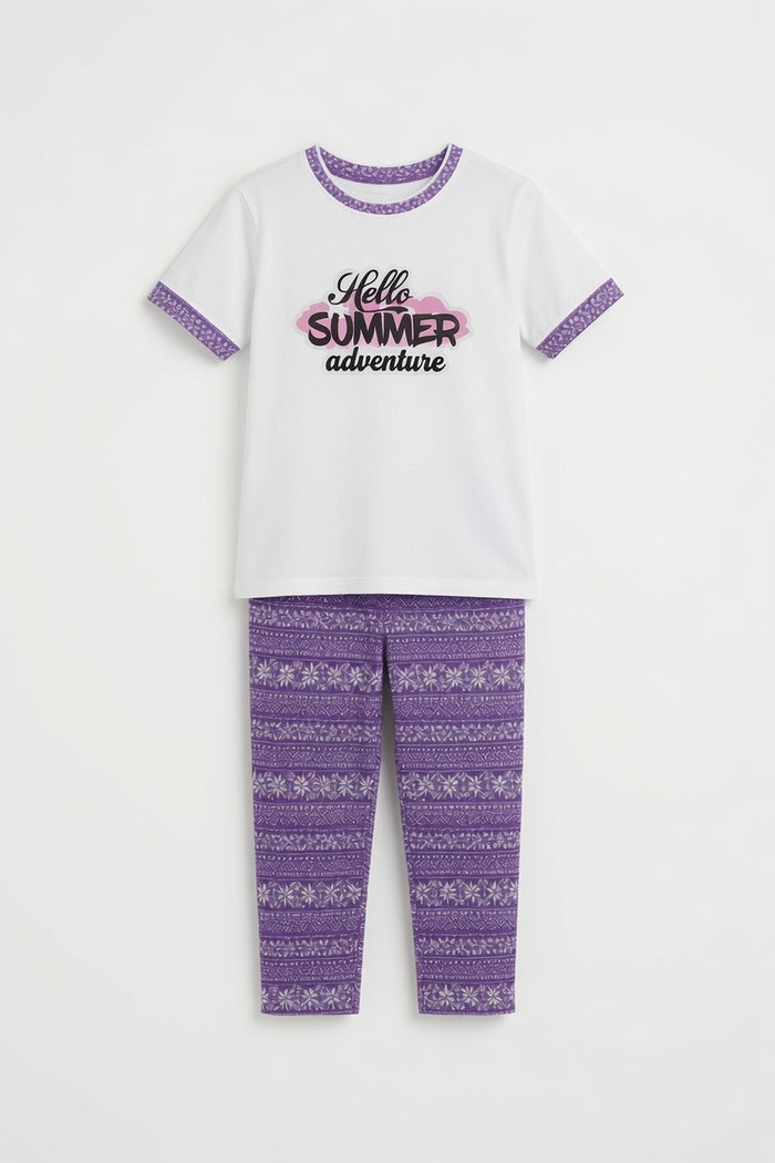 Girls Premium White Hello Summer Adventure Printed T-Shirt & Purple Printed Trouser Set