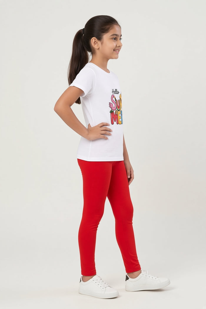 Girls White Hello Summer Printed T-Shirt & Red 1x1 Rib Leggings Set