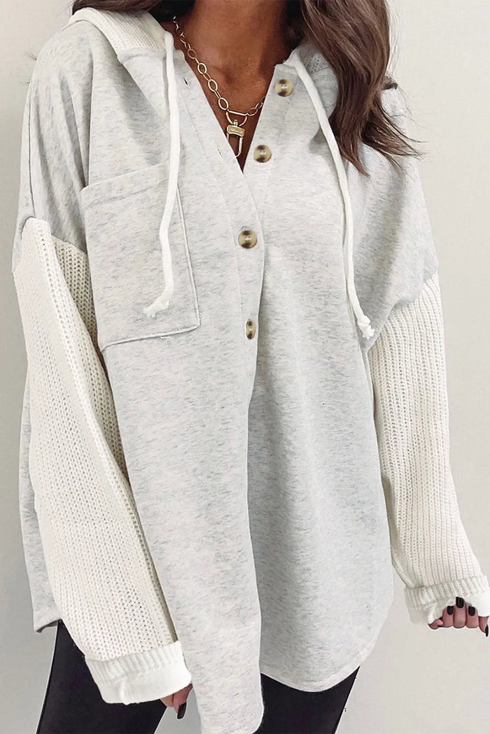 Grey Button Up Contrast Knitted Sleeves Hooded Jacket - Outerwear/Jackets