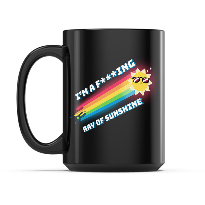 Ceramic Mug_TeeTurtle I'm a F***ing Ray of Sunshine black mug featuring a sun wearing sunglasses with a rainbow trail.