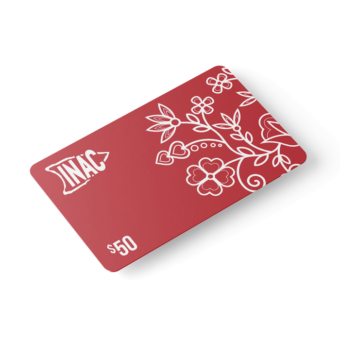 INAC e-Gift Card featuring a vibrant red design with floral artwork and a $50 value.