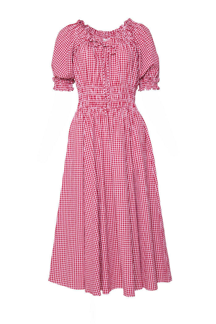 The Jessie Dress in Red Gingham by Ivy City Co is a maternity and nursing-friendly knee-length dress with short sleeves, smocked bodice, ruched neckline and waist, and a flared skirt for comfort and timeless style.