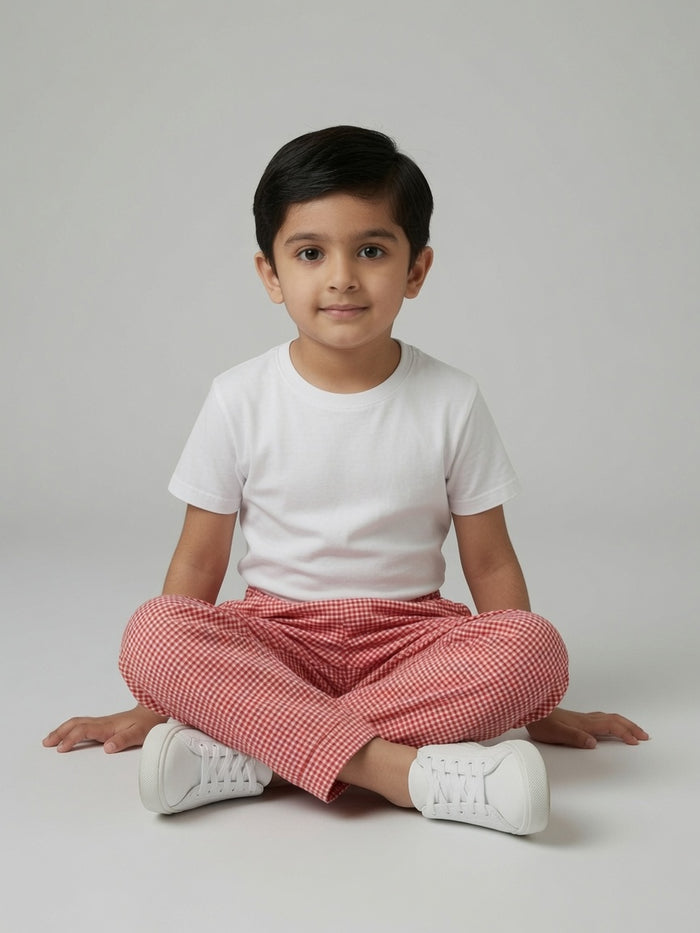 Kids Red Gingham Woven Cotton Trouser