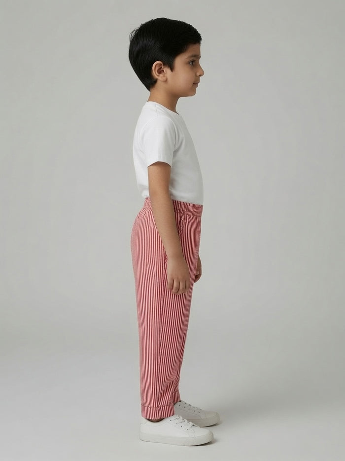 Kids Red & White Stripe Woven Cotton Trouser