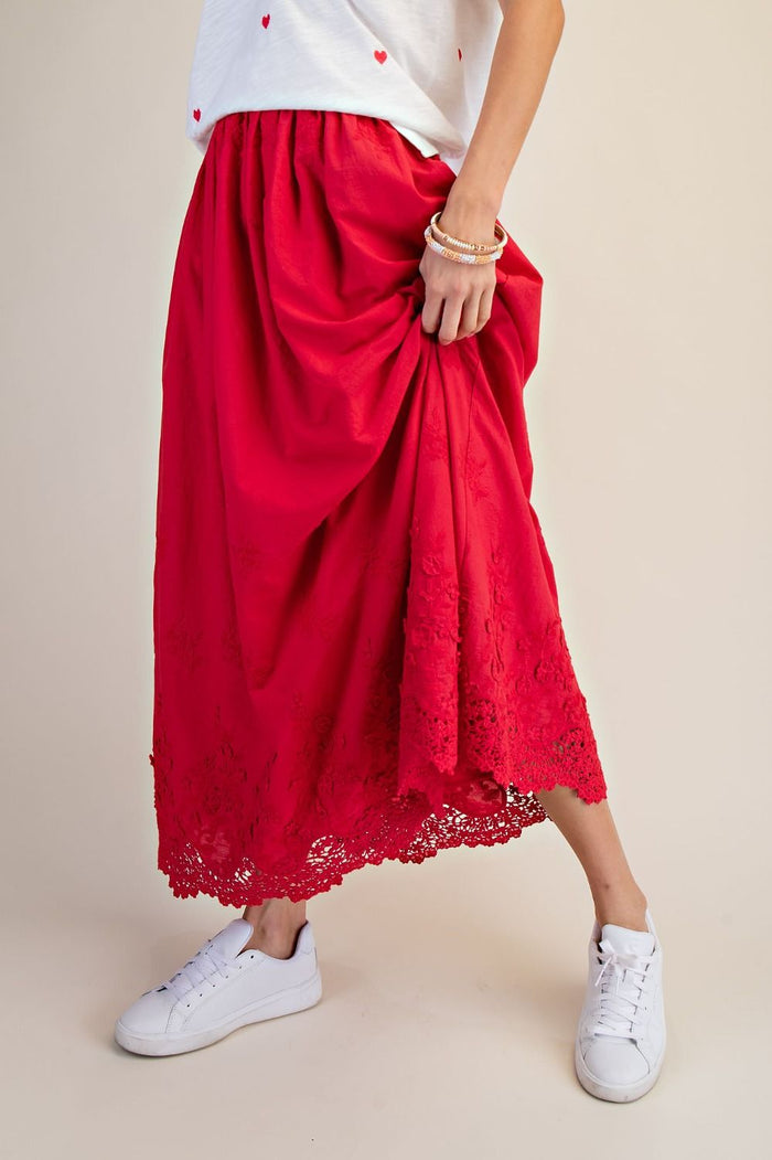 LACE HEM MAXI SKIRT, RED