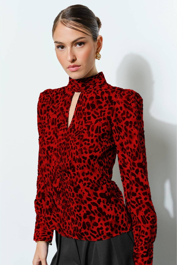 Red leopard print long sleeve blouse with a high neckline, front keyhole detail, buttoned cuffs, and a polished boutique look.