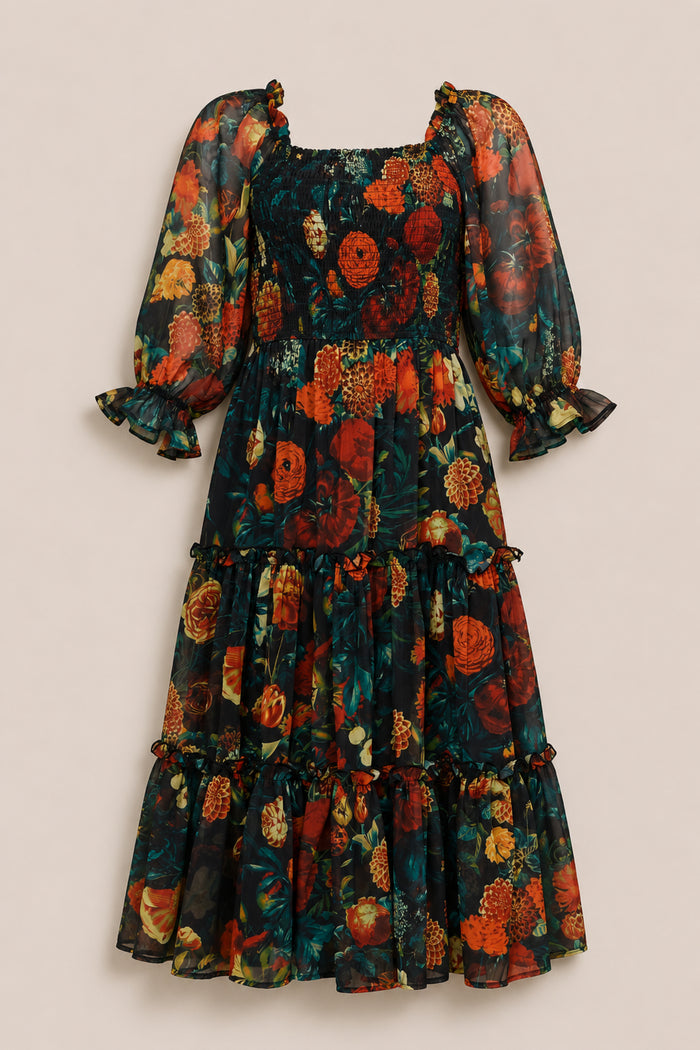 The Madeline Dress in Imogen Moody Floral by Ivy City Co is a midi dress featuring sheer, puffy sleeves and a tiered skirt. It showcases a vibrant floral print in red, orange, and green tones on a black background. The smocked bodice provides extra comfort, making this style maternity friendly.