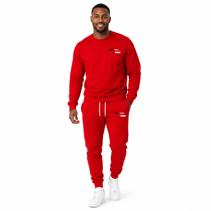 Men's fleece tracksuit in red with printed hoodie, elastic waist joggers and ribbed cuffs for coordinated cold-weather style.