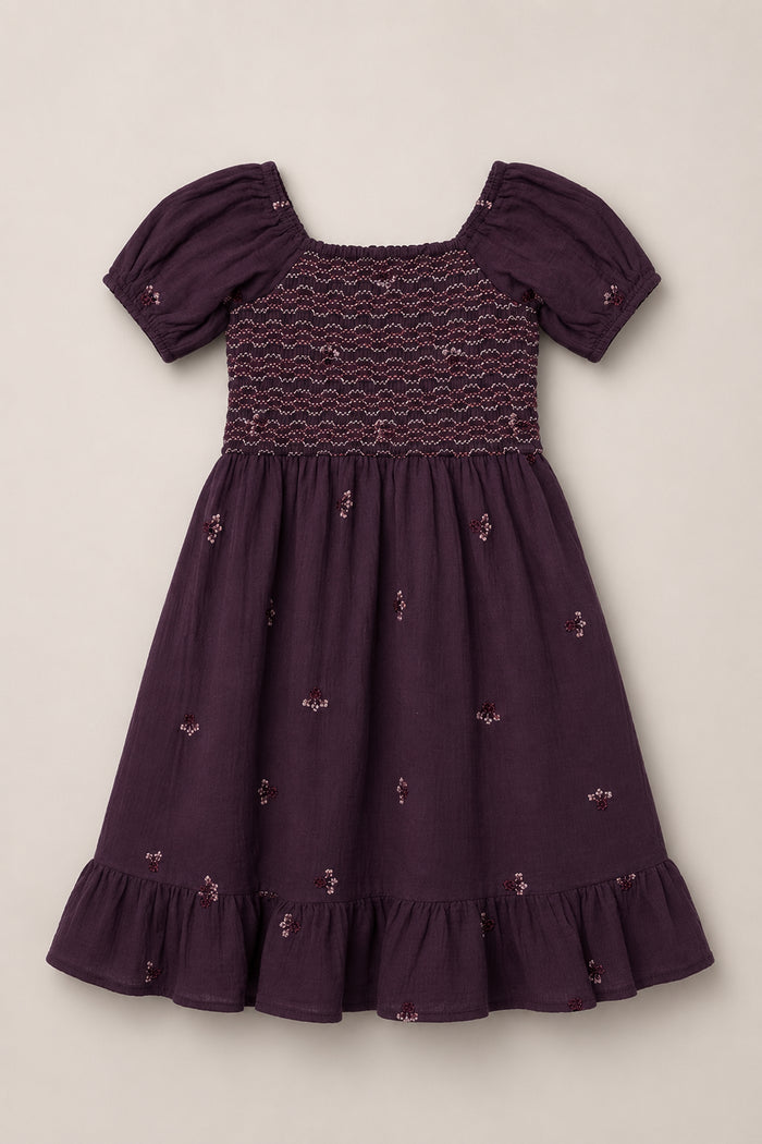 The Ivy City Co Mini Acantha Dress in Aubergine Embroidered Gauze, featuring short puff sleeves, a smocked bodice adorned with delicate embroidered flowers, and a ruffled hem, is displayed flat on a light beige background.