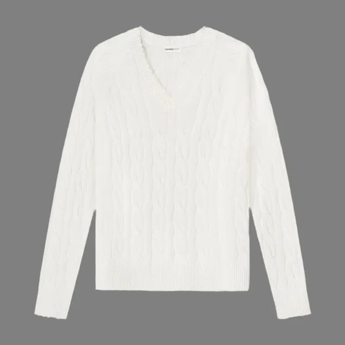 Minnie Rose Frayed Cable Sweater - White