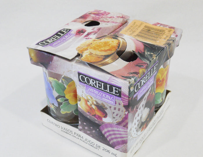 ❤️ New 4 CORELLE Pansy SUMMER BLUSH 7-oz JUICE GLASSES *Yellow Red Purple Floral