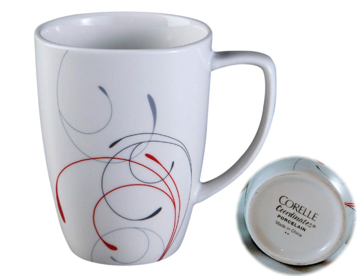 ❤️ NEW Corelle Square SPLENDOR 12-oz Porcelain MUG Cup *Red Gray Curled Scrolls