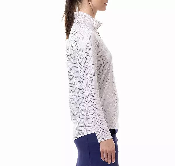 New San Soleil Foil Print Mock Neck Golf Pullover - Infinity White Gold MSP$104