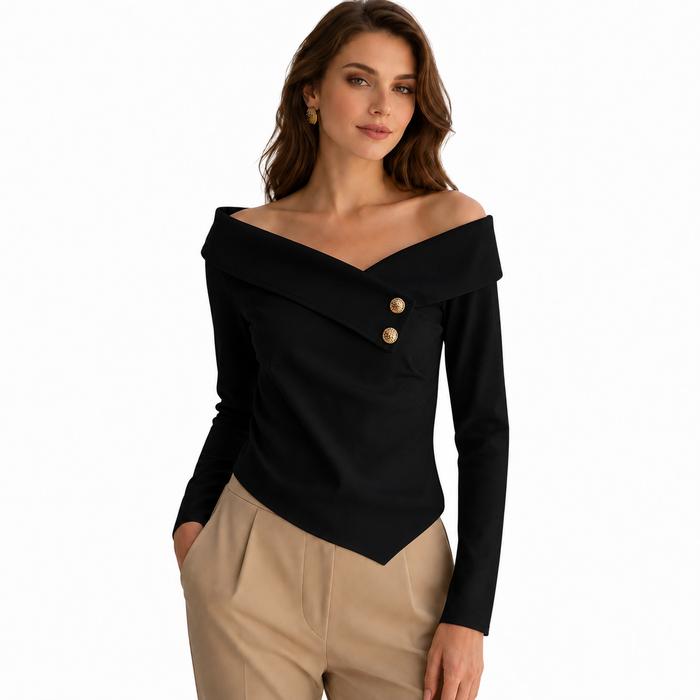 Button detail off shoulder long sleeve top in black, styled for commute outfits, dinners, and refined seasonal looks for work