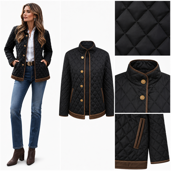 Elegant commute jacket for women in black plaid with slim shape, button closure and versatile day-to-night appeal easily chic